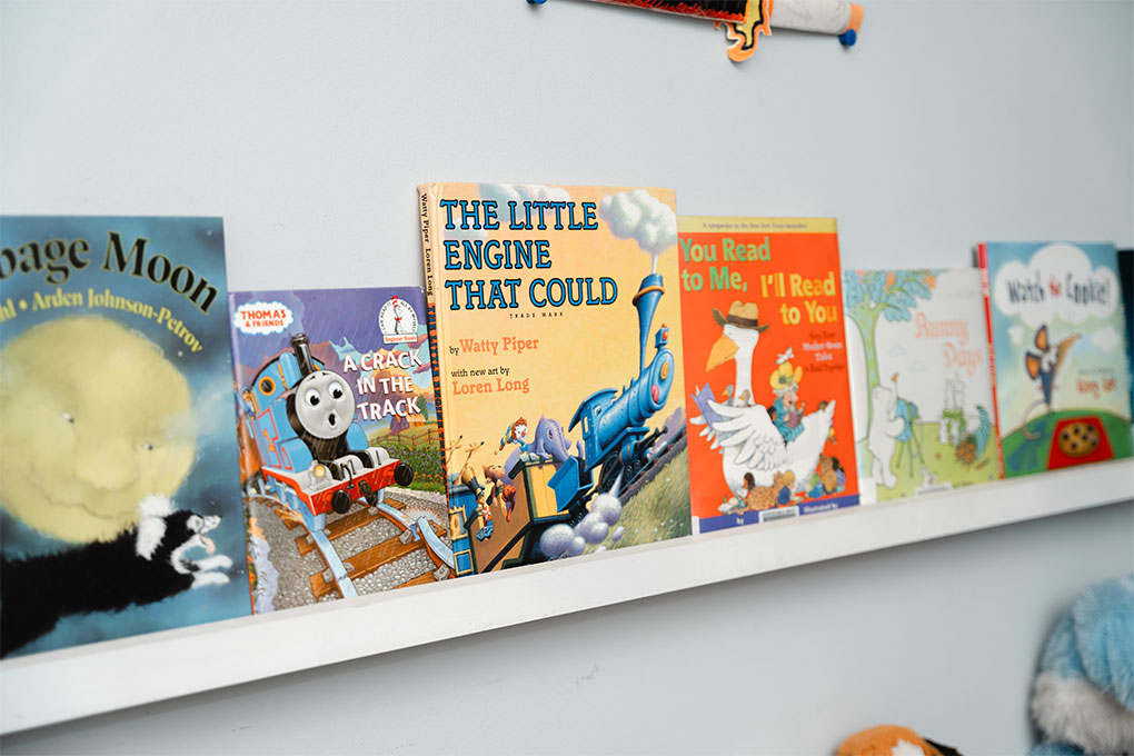 Line up of children's books on a shelf.