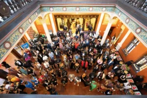 A photo of a party shot overhead.